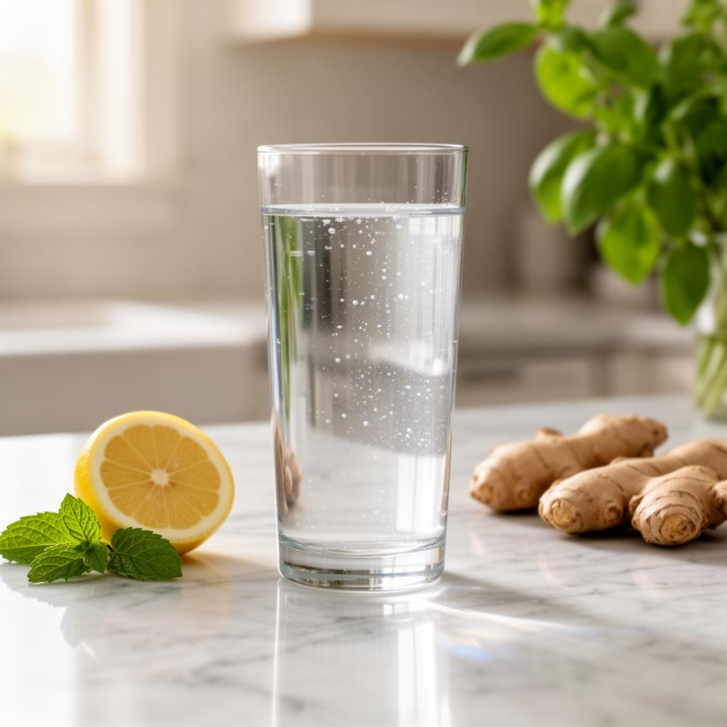 Copo alto de água alcalina ionizada cristalina sobre bancada de mármore com limão, hortelã e gengibre, simbolizando água anti-inflamatória