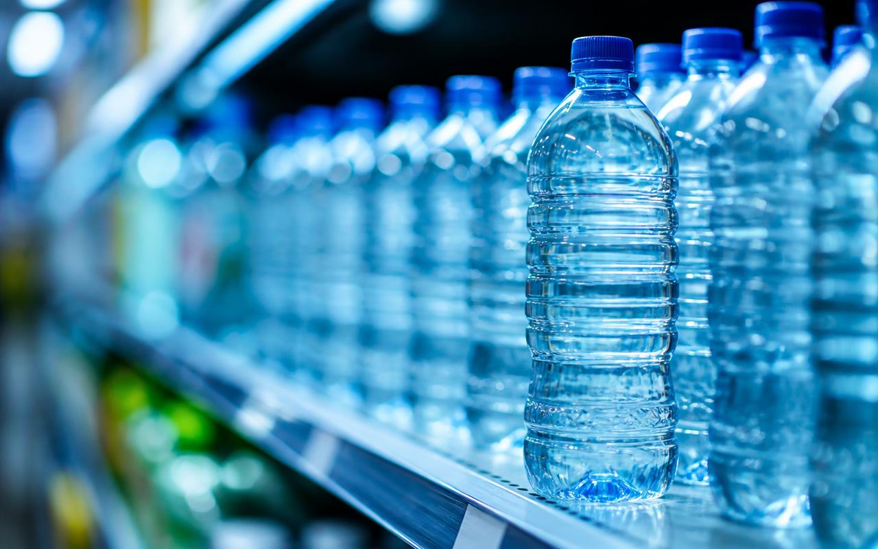 Prateleira de supermercado com garrafas plásticas de água mineral lacradas em destaque sob luz azulada
