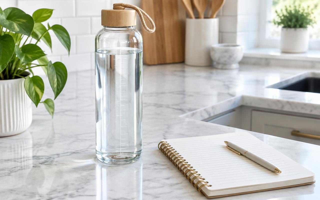 Garrafa de vidro com marcações de volume ao lado de um caderno na bancada da cozinha