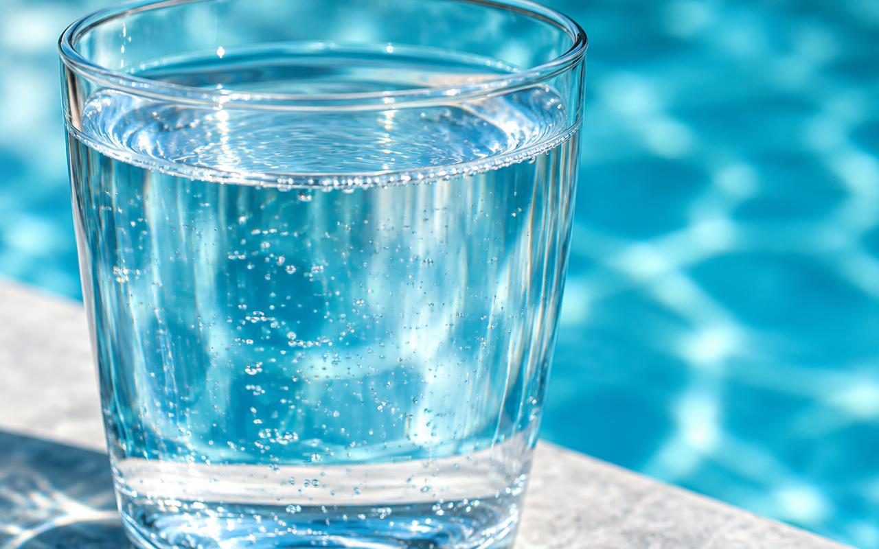 Copo de água com pequenas bolhas sobre a borda de uma piscina azul