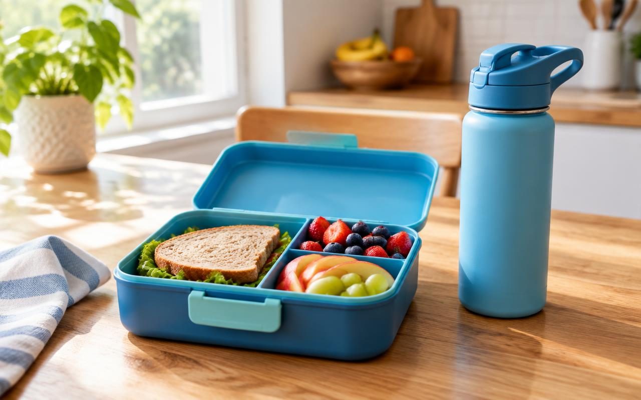 Lancheira infantil azul com sanduíche e frutas ao lado de uma garrafinha de água
