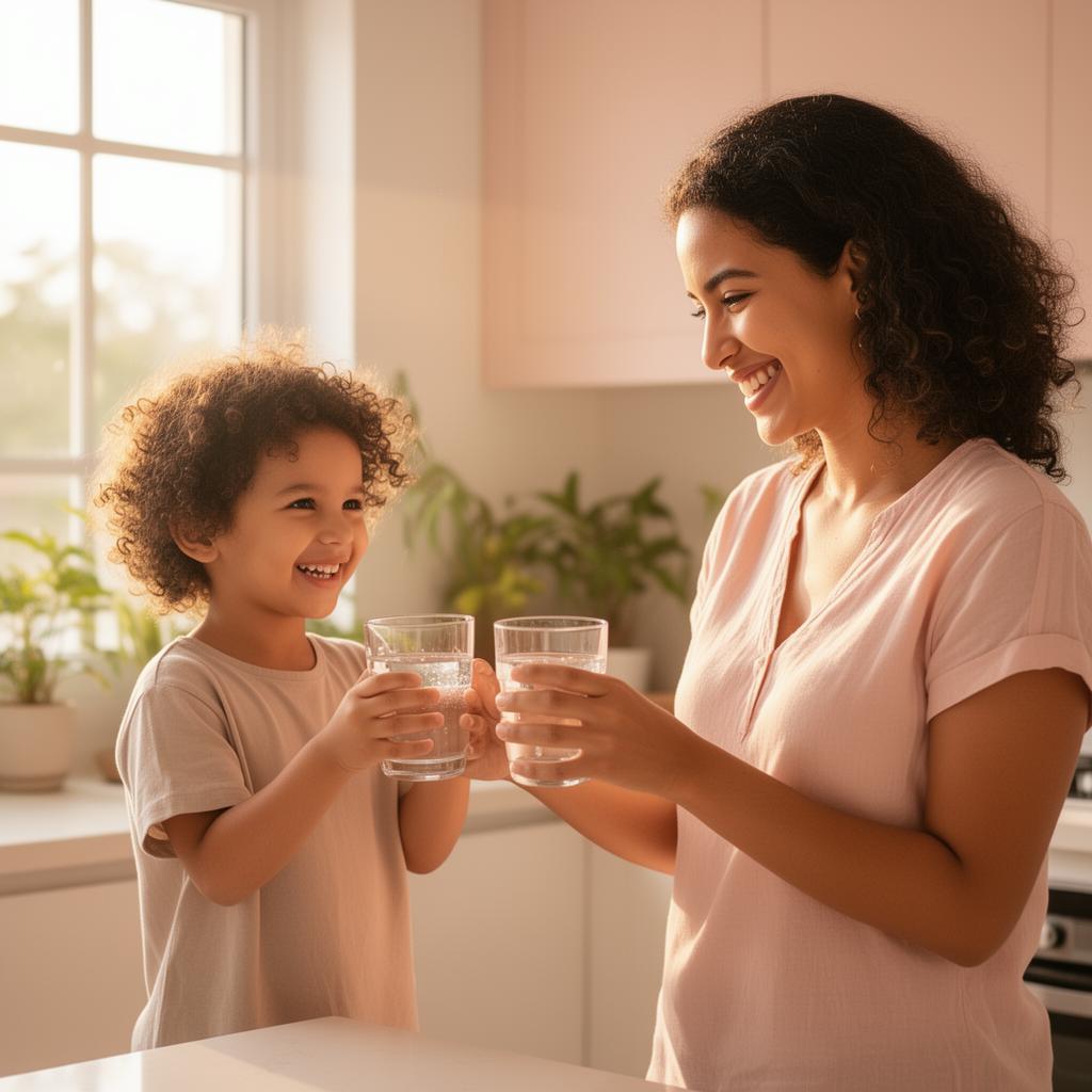 Mãe e filho sorrindo em uma cozinha clara, brindando com copos de água, representando o cuidado familiar com a hidratação
