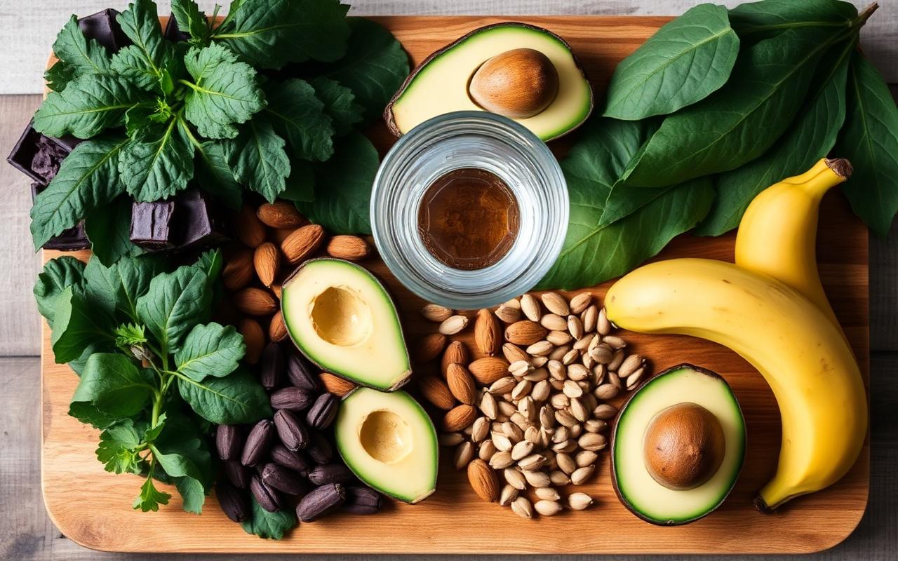 Tábua de madeira com alimentos ricos em magnésio: folhas verdes, amêndoas, sementes, abacate, banana, cacau e copo de água
