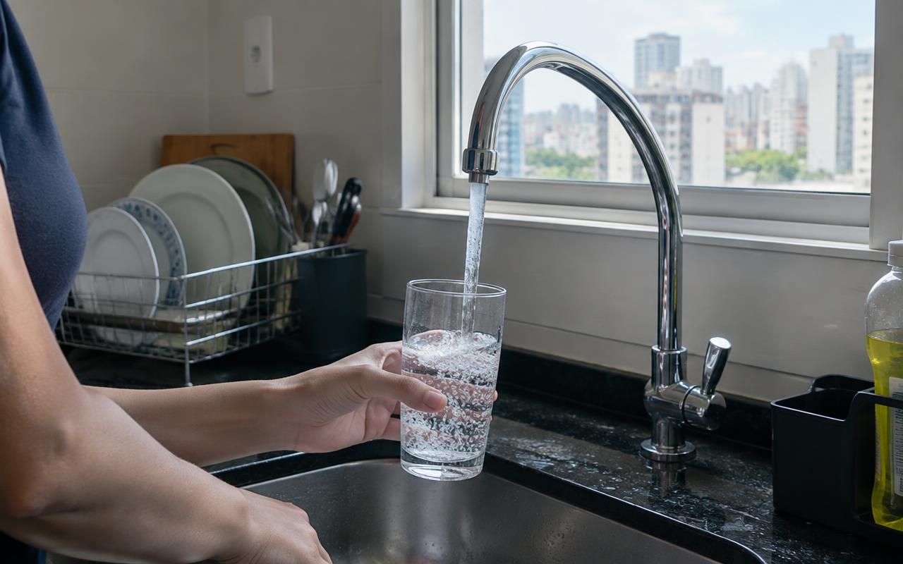 Copo sendo enchido na torneira de uma cozinha de apartamento com vista para a cidade